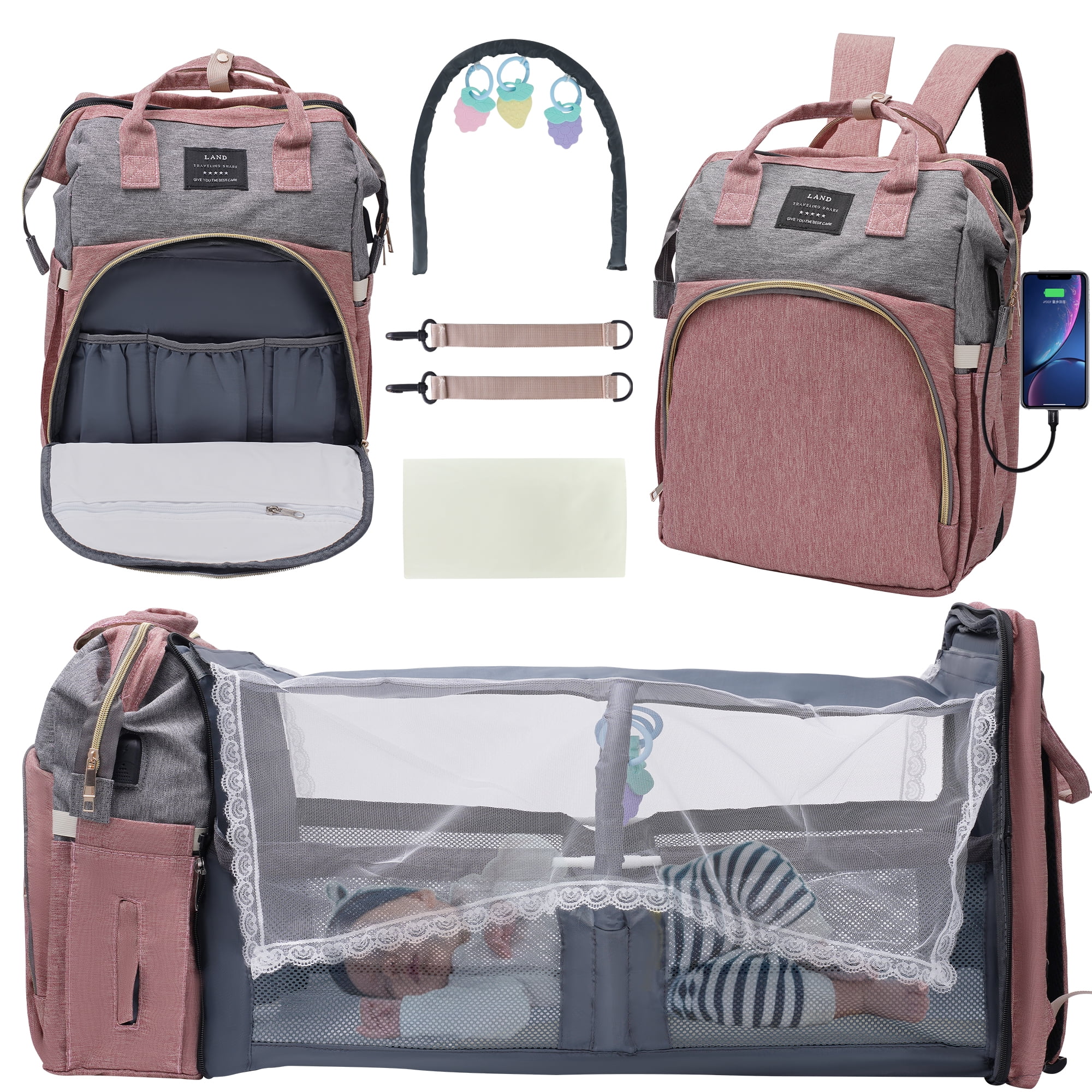 HUKOER Diaper Bag Backpack, Multifunctional Baby Changing Bag with Foldable Crib & Insulated