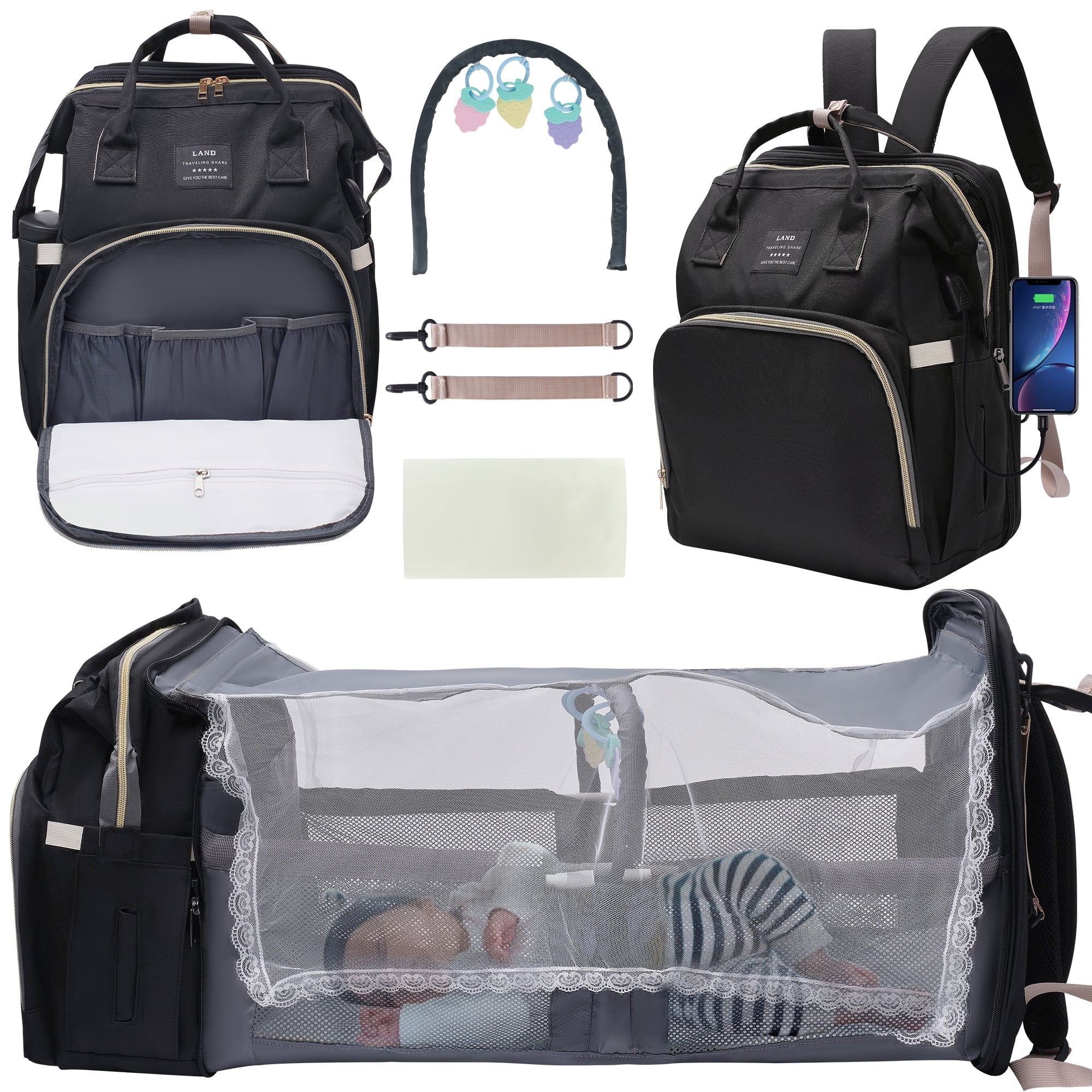 HUKOER Diaper Bag Backpack, Multifunctional Baby Changing Bag with Foldable Crib & Insulated