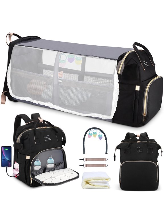 HUKOER Diaper Bag Backpack with Foldable Crib & Insulated Pocket, Black