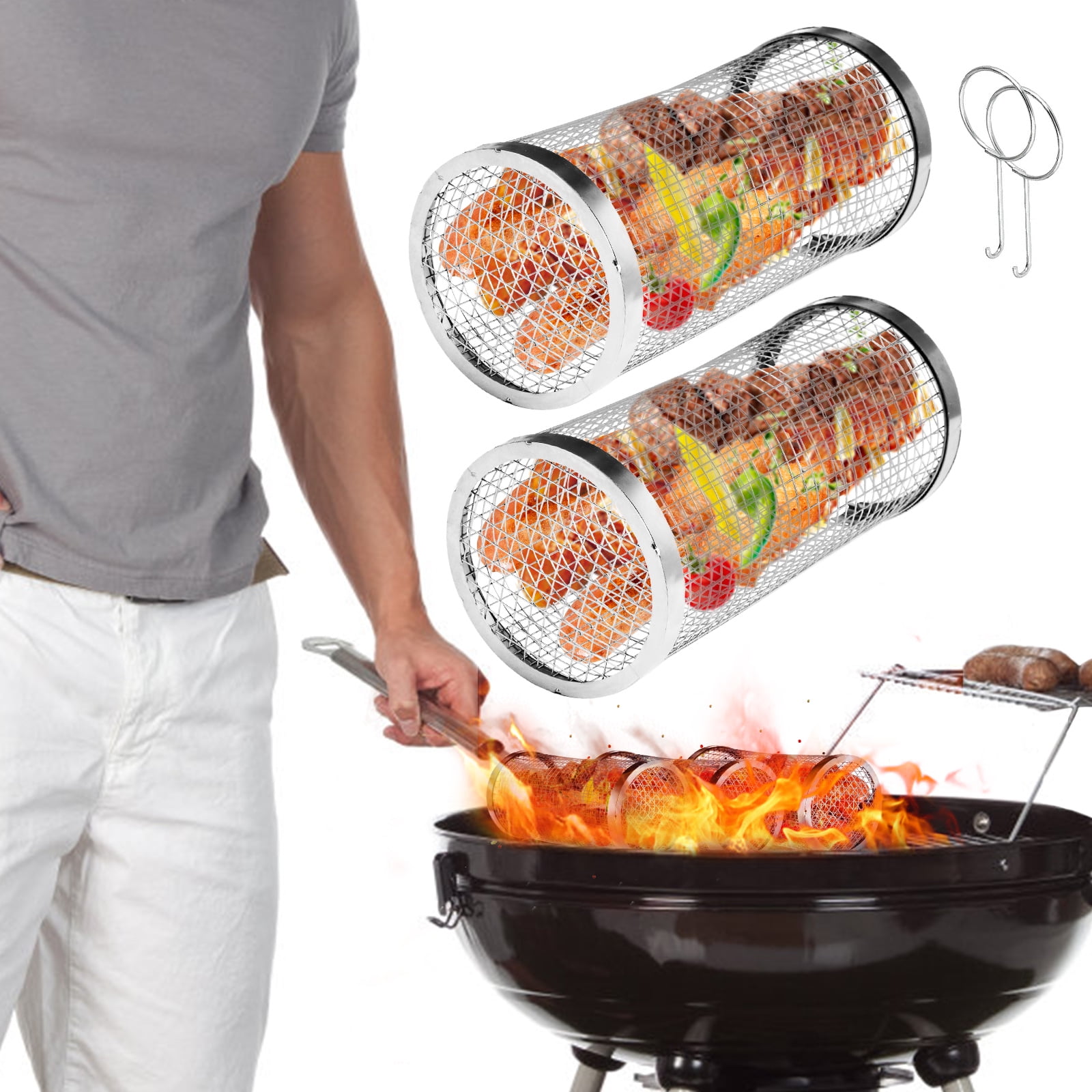 HUKOER Grill Basket 2Pcs 7.9in BBQ Rolling Grilling Basket Stainless