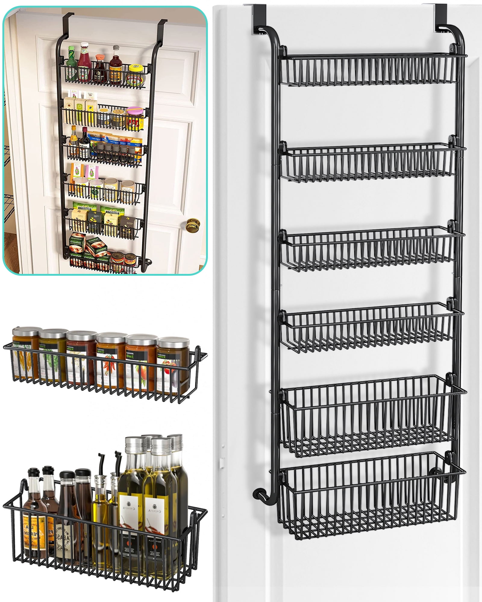 LUMAMU Over the Door Pantry Organizer, 8-Tier Adjustable Metal Baskets,  Hanging Spice Rack, Black