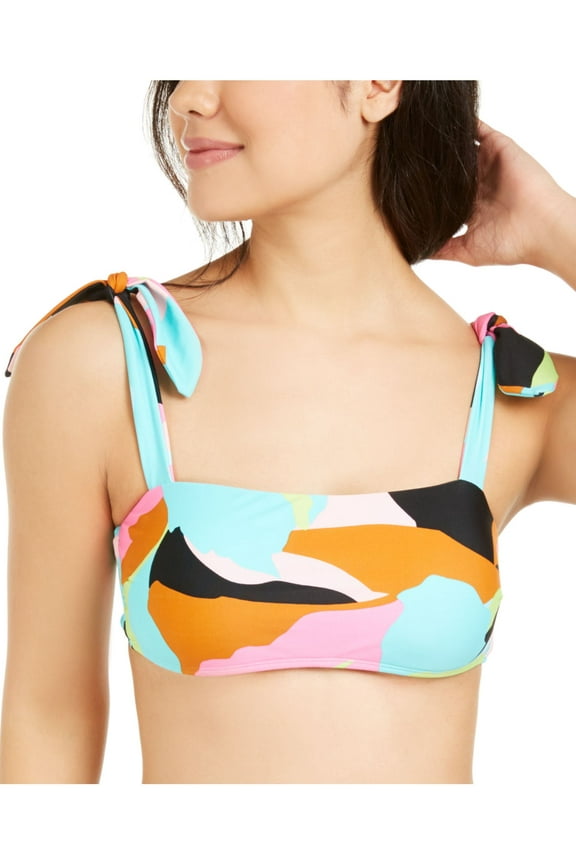 Women's Aqua Color Block Stretch Bralette Lined Removable Cups Tie Square Neck Swimsuit Top L