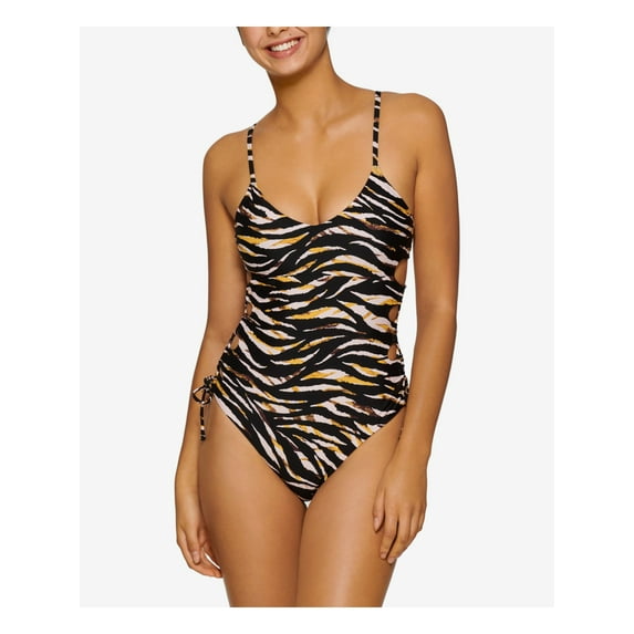 HULA HONEY Women's Black Animal Print Stretch Removable Cups Lined Deep V Neck Adjustable Eternal One Piece Swimsuit XS