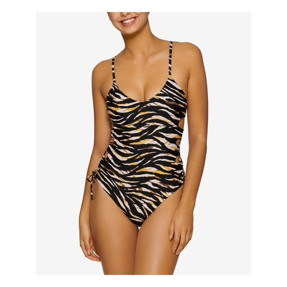 HULA HONEY Women's Black Animal Print Stretch Removable Cups Lined Deep V Neck Adjustable Eternal One Piece Swimsuit XS