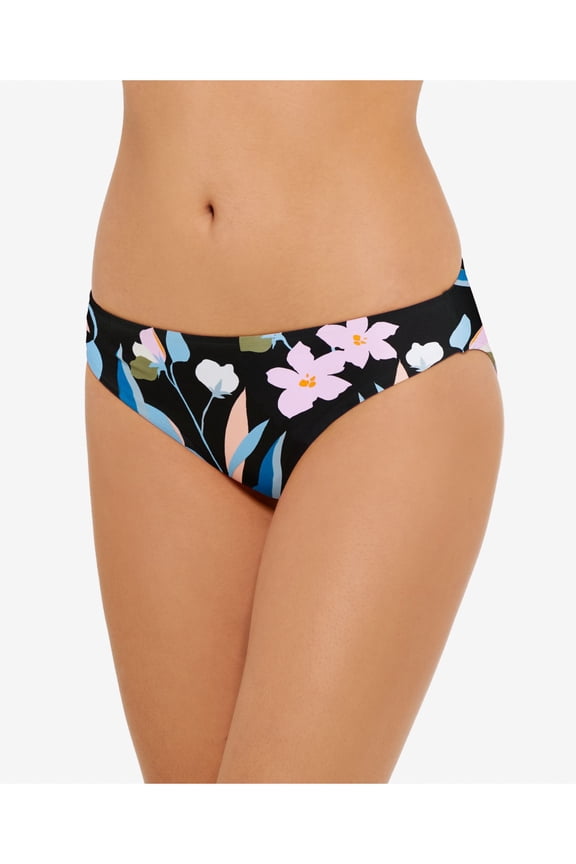 Women's Black Floral Stretch Lined Moderate Coverage Hipster Swimsuit Bottom S