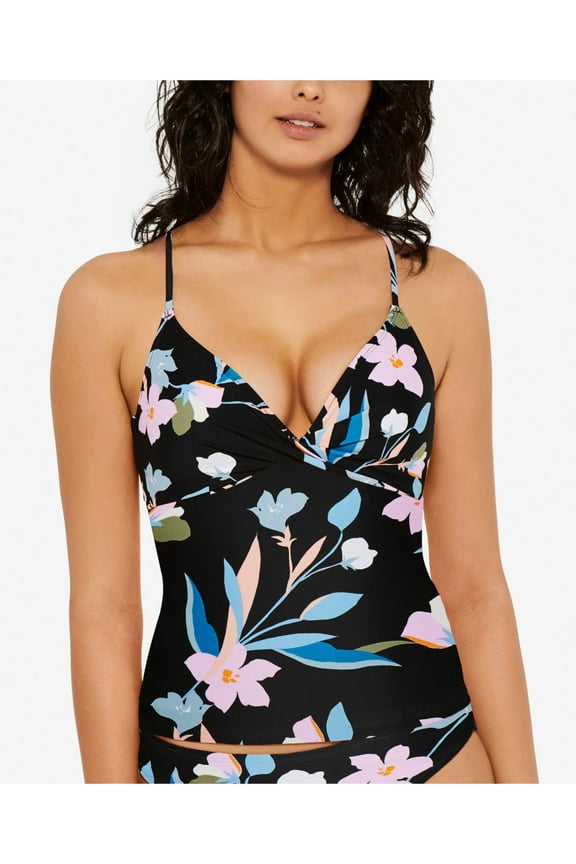 Women's Black Floral Stretch Push-Up Fixed Cups Strappy Back Lined Deep V Neck Twist Front Flourishing Floral Tankini Swimsuit Top XL