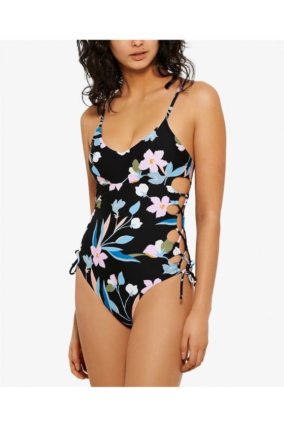 Women's Black Lace-Up-Sides Lined Deep V Neck Adjustable One Piece Swimsuit XS