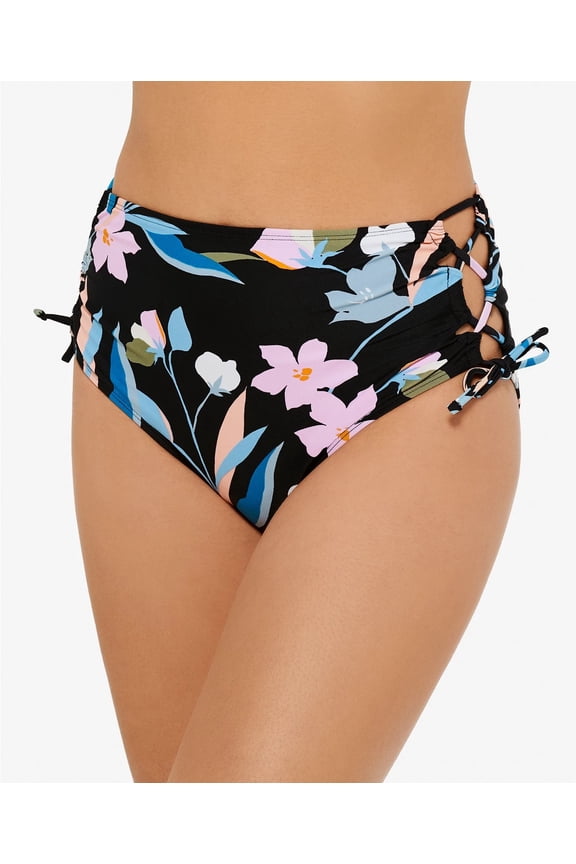 Women's Black Printed Lined Side Tie Flourishing Floral High Waisted Swimsuit Bottom S