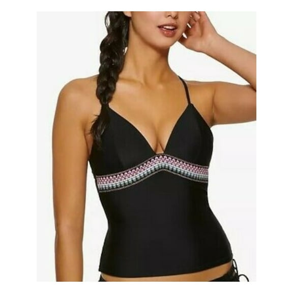 HULA HONEY Women's Black Stretch Push-Up Tassel-Tie Lined Deep V Neck Fixed Cups Tankini Swimsuit Top S