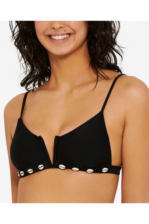 Women's Black Stretch Shell-Trim Tie Lined V-Wire Adjustable Swimsuit Top M