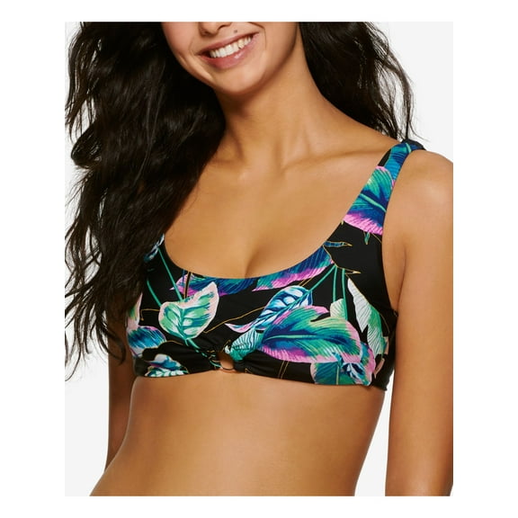 HULA HONEY Women's Black Tropical Print Stretch Lined Bralette Ring Scoop Neck Swimsuit Top XS