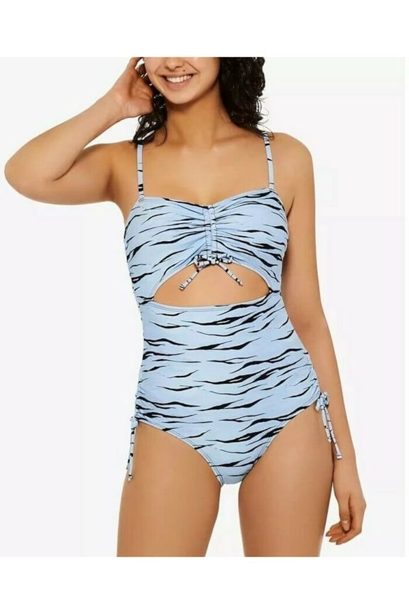 Women's Light Blue Animal Print Stretch Moderate Coverage Adjustable Wild Cat One Piece Swimsuit XS