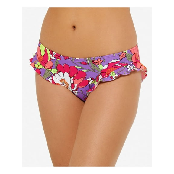 HULA HONEY Women's Multi Color Floral Stretch Lined Brief-Fit Moderate Coverage Ruffled Impressionist Bikini Swimsuit Bottom XS