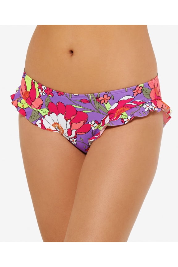 Women's Multi Color Floral Stretch Lined Brief-Fit Moderate Coverage Ruffled Impressionist Bikini Swimsuit Bottom XS