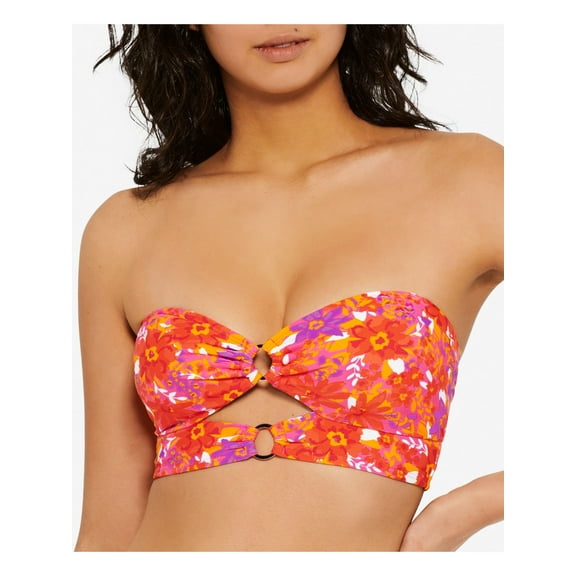 HULA HONEY Women's Orange Floral Stretch Cutout Rings Tie Back Lined Sweetheart Convertible Swimsuit Top S
