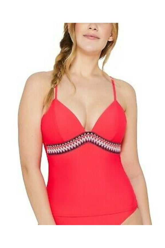 Women's Orange Stretch Push-Up Tassel-Tie Lined Deep V Neck Fixed Cups Zig Zag Zink Tankini Swimsuit Top M
