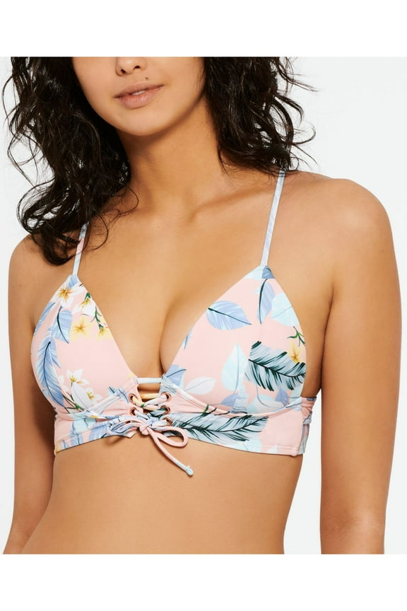 Women's Pink Floral Lace Front Push-Up Deep V Neck Tie Moana Swimsuit Top S