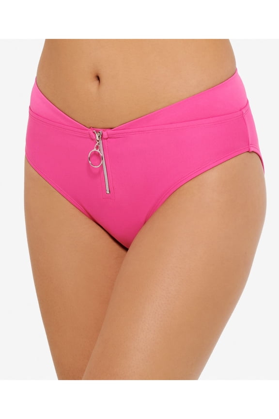 Women's Pink Stretch V-Front Waistline Lined Zippered Full Coverage High Waisted Swimsuit Bottom XS