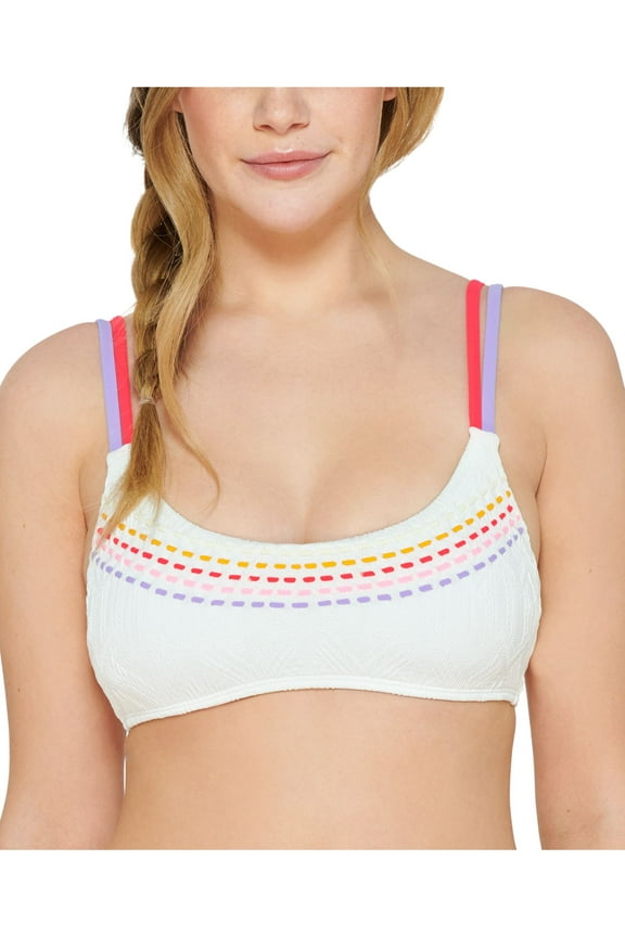 Women's White Printed Removable Cups Adjustable Textured Bralette Swimsuit Top M