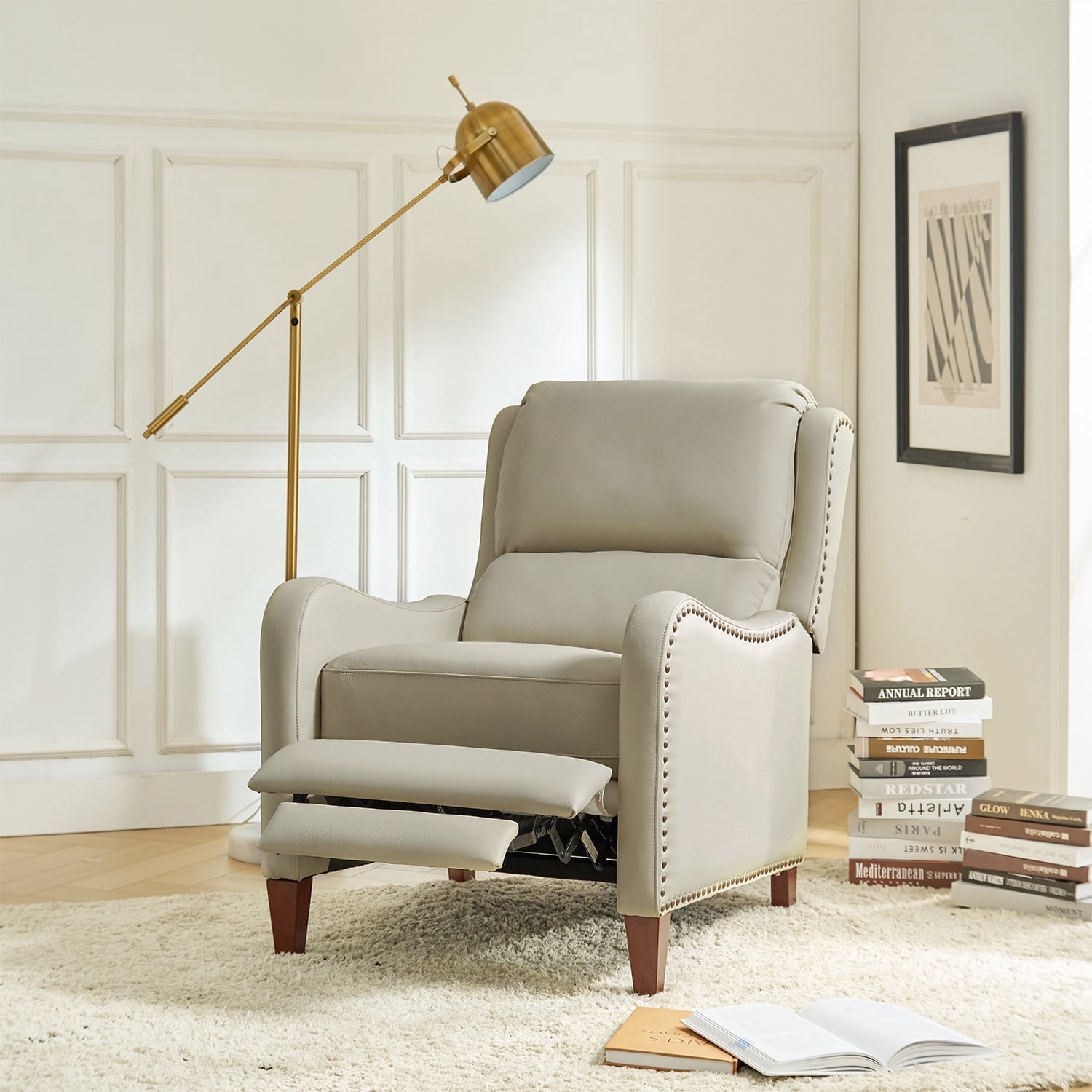 Genuine Leather Recliner Chair Push Back Upholstered Armchair Wingback Lounge Sofa Wood Leg Home Decor Living Room Beige