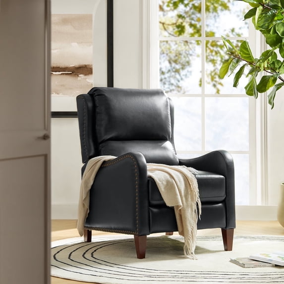 Genuine Leather Recliner Chair Push Back Wingback with Nailhead Trim for Living Room Bedroom Black