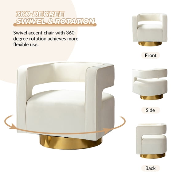HULALA HOME Carisa Modern Upholstered Swivel Open-Back Barrel Chair with Golden Base by Barrel Chair IVORY Set of 2 2-Piece
