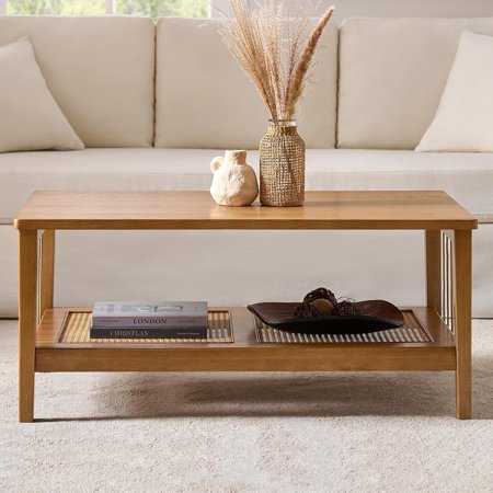 HULALA HOME Coffee Table with Storage Rattan Shelf, 2-Tier Farmhouse Rectangular Center Table for Living Room, Wood Cocktail Table for Home Office, Side Hemp Rope Trim, Dark Nature