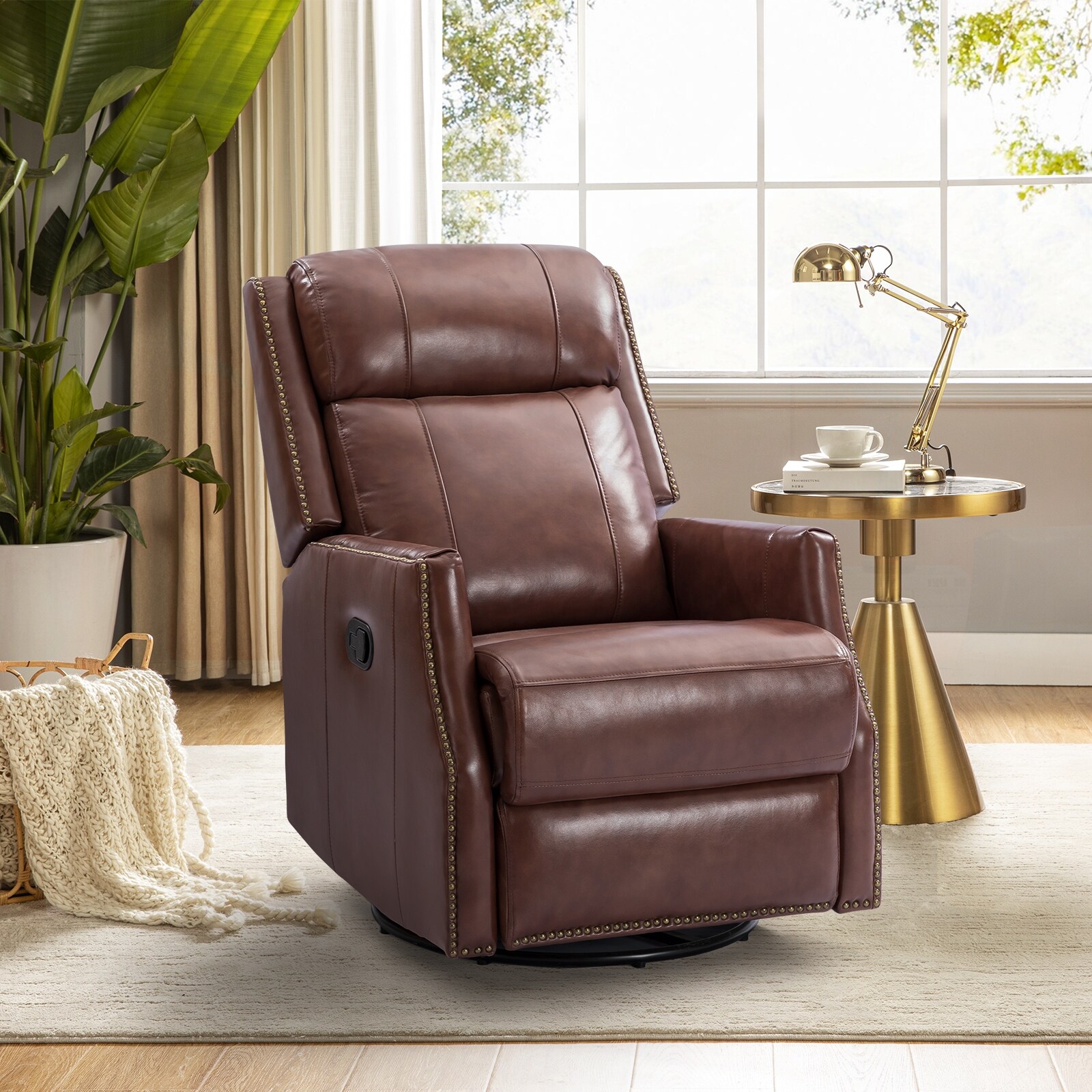 HULALA HOME Demeter Morden Leather Swivel Nursery Chair with Nailhead Trims By BROWN