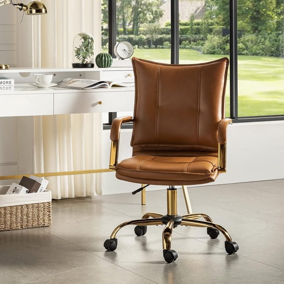 HULALA HOME Faux Leather Home Office Desk Chair with Golden Legs, Camel | Adjustable Leather Swivel Computer Chair, with Excellent Lumbar Support, Comfy Upholstered Task Chair