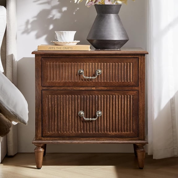 HULALA HOME Fluted End Table with Solid Wood Legs, Farmhouse 2 Drawers End Table with Charging Station, Walnut