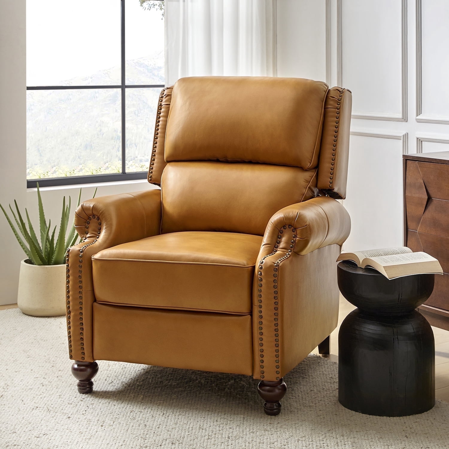 Mid-century Genuine Leather Pushback Recliner Chair with Nailhead Trim Camel