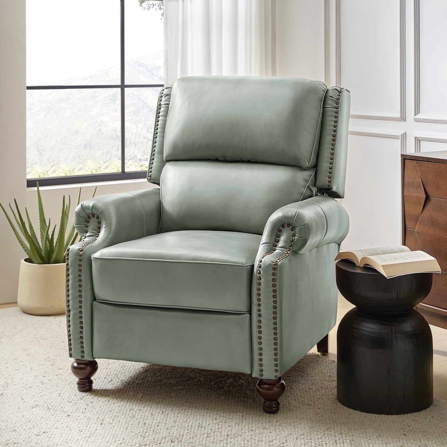Mid Century Genuine Leather Pushback Recliner Chair with Nailhead Trim Sage