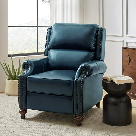 Mid-century Genuine Leather Pushback Recliner Chair with Nailhead Trim Turquoise