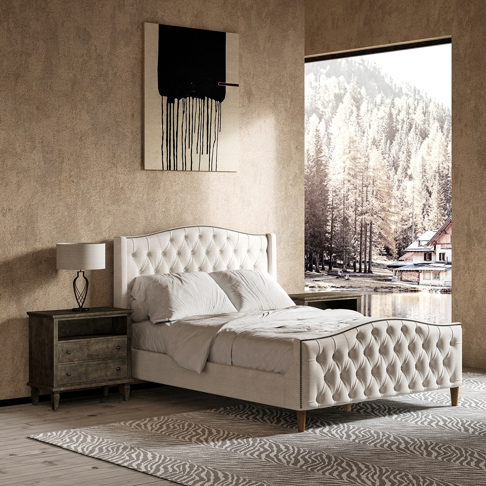 HULALA HOME Gerhard Tufted Upholstered Wingback Bed with Headboard and