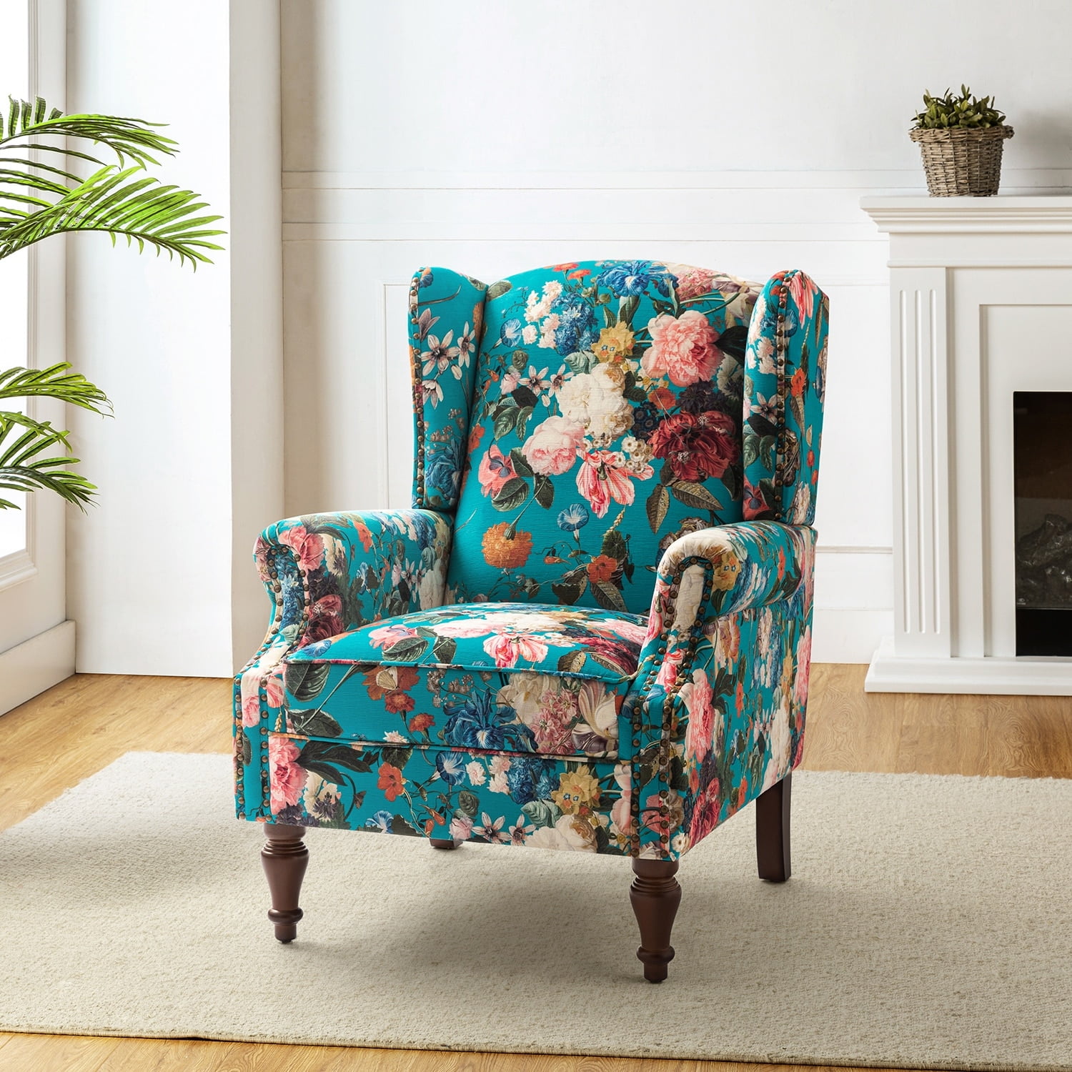 Peacock Floral Wingback Accent Chair with Spindle Legs
