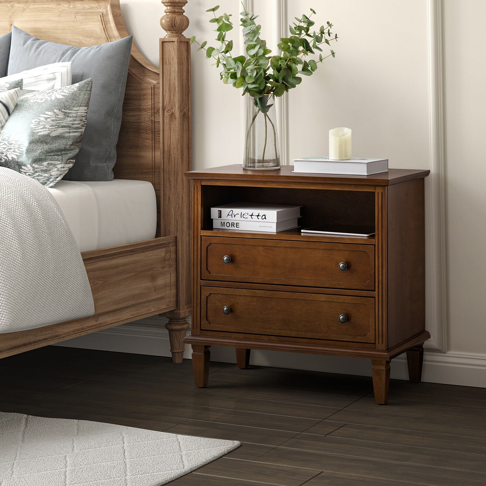 HULALA HOME Kamilo Traditional 28.25 inch Open Storage Space Wide Nightstand Table with 2 Drawers by Walnut