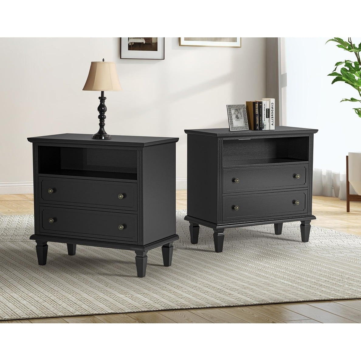 Black Solid Wood 2 Drawer Nightstand Set with Charging Station