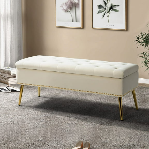 HULALA HOME Modern Velvet Storage Ottoman  with Gold Base & Nailhead Trim, Upholstered Bedroom  for End of Bed, Button-Tufted Footstool for Entryway Living Room Dining Room, Ivory
