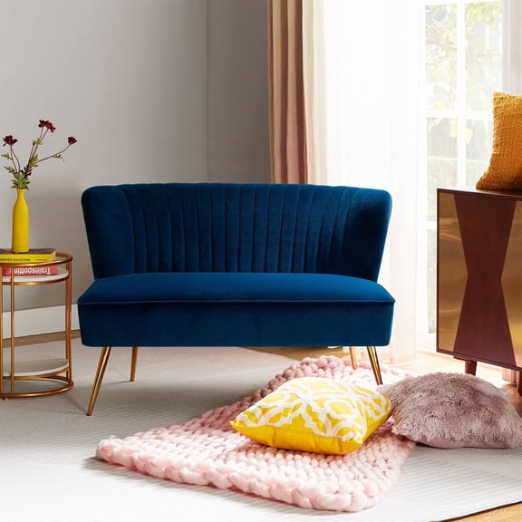 Tina's Home Velvet Upholstered Loveseat Sofa with Gold Metal Legs, Loveseat Living Room Chair Tufted Back Home Bedroom Navy