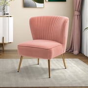 Tina's Home Velvet Upholstered Wingback Accent Slipper Chair Side Armless Sofa Tufted Back Golden Legs Dining Home Living Room Bedroom Adult Pink