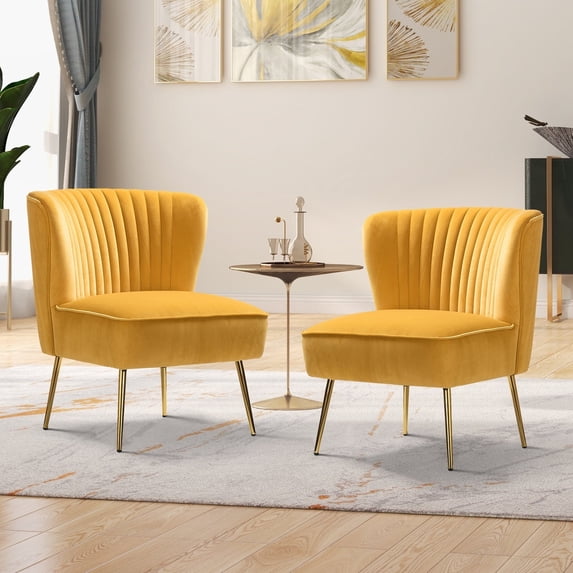 Fall Velvet Accent Chair Armless Side Chairs Set of 2 Gold Leg Home Bedroom Adult Mustard