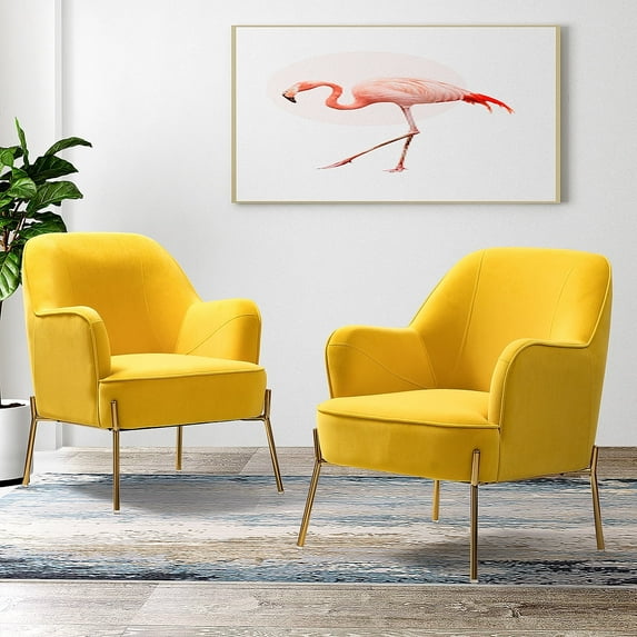 HULALA HOME Nora Velvet Accent Chair Set of 2 for Bedroom with Golden Legs by Yellow
