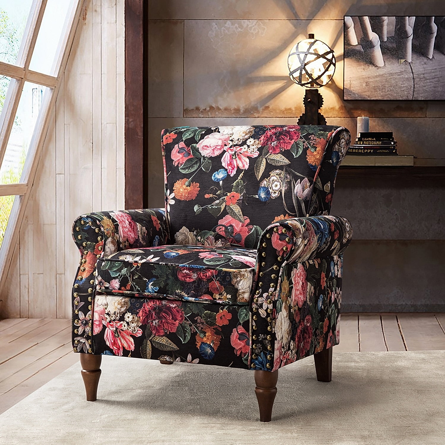 Hulala Home Nyctelius Nailhead Trim Traditional Accent Armchair With Rolled Arms By Black Floral 