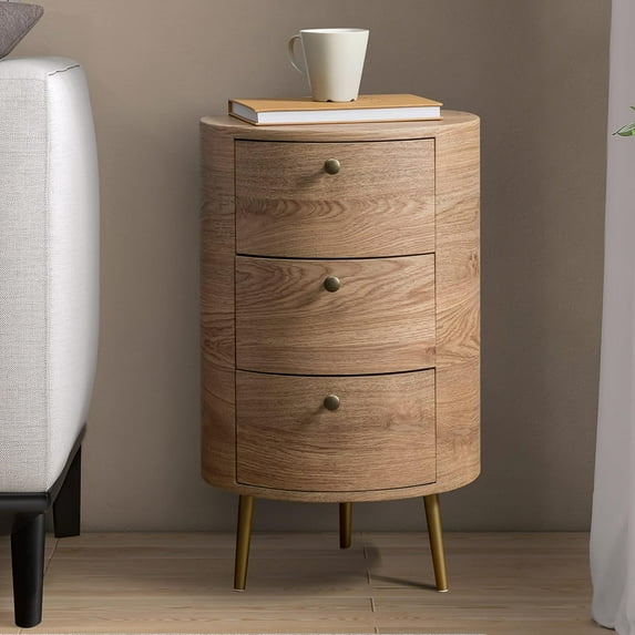 HULALA HOME Round End Table with 3 Storage Drawers, Mid Century Modern Small Side Table with Metal Legs, Farmhouse Wood Sofa Side Table for Living Room, Bedroom and Small Spaces, Gray