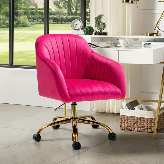 HULALA HOME Velvet Home Office Desk Chair, Modern Cute Computer Task Chair, Wheels Swivel Height Adjustable Upholstered Vanity Chair for Women, Girls (Gold Base, Fushia)