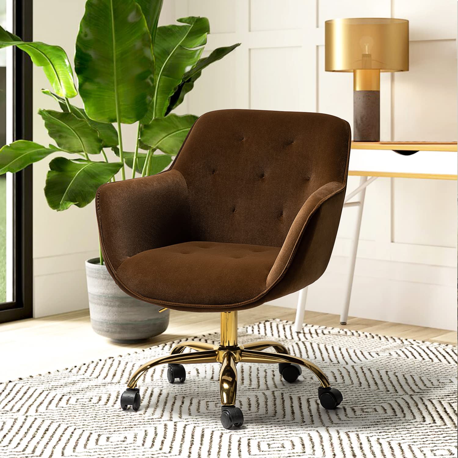HULALA HOME Velvet Office Chair with Gold Base Modern Cute MidBack