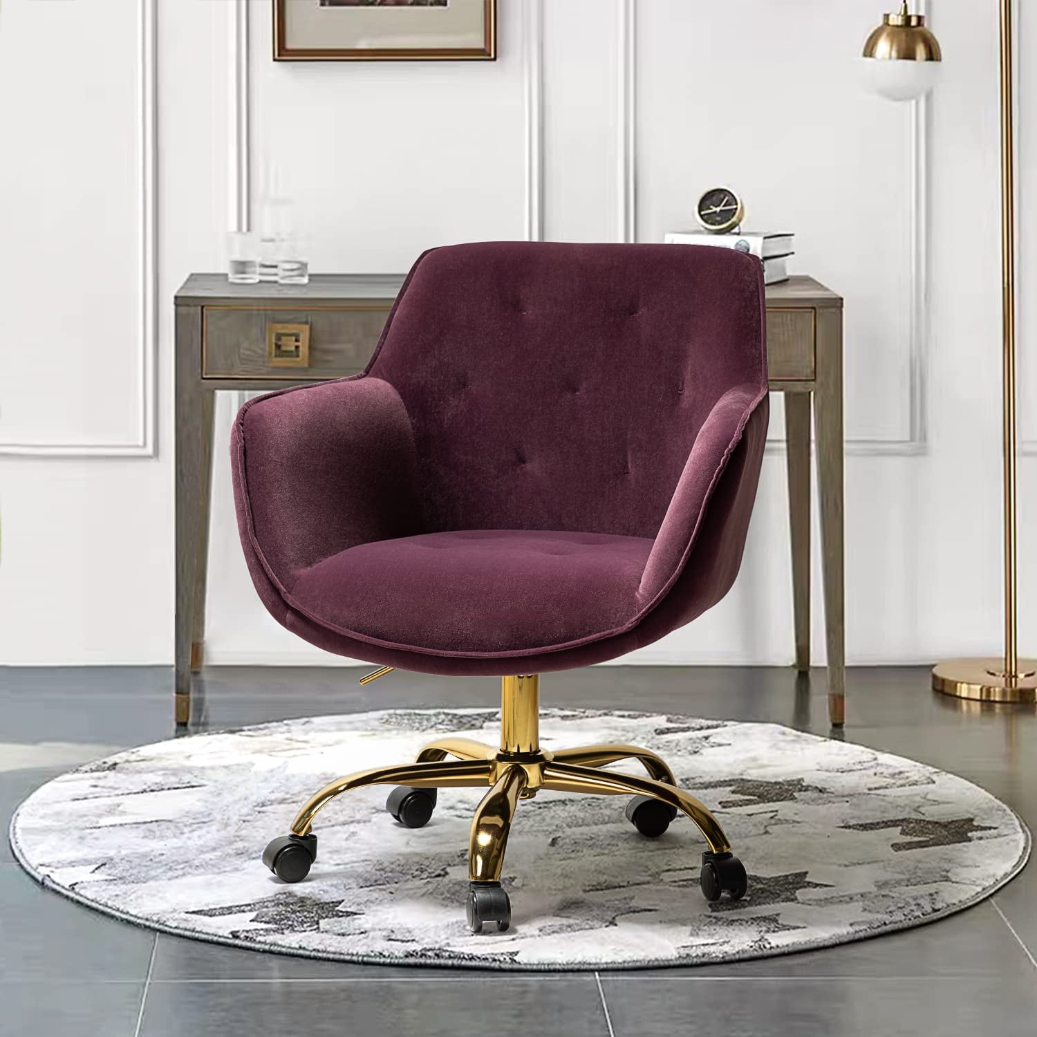 HULALA HOME Velvet Office Chair with Gold Base Modern Cute MidBack