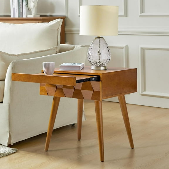 HULALA Home End Table with Charging Station, Side Table with Drawer and Pull-Out Shelf, Nightstand Bedside Table with USB Ports and Outlets, Acorn