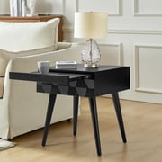 HULALA Home End Table with Charging Station, Side Table with Drawer and Pull-Out Shelf, Nightstand Bedside Table with USB Ports and Outlets, Black