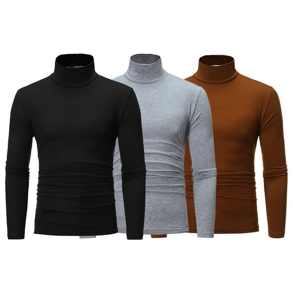 HULIJA 3 Pack Men's Mock Neck Shirts Long Sleeve Pullover Tops Slim Fit Casual T Shirts Black&Coffee&Gray L